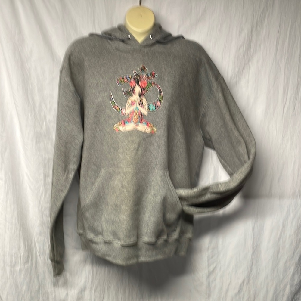 Women’s Om symbol, yoga meditation, gray hoodie, size medium hoodie.